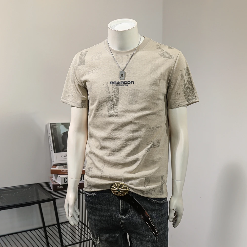 巴韦那奇薄款短袖T恤男棉麻夏季母刺绣印花修身青年半袖上衣潮t
