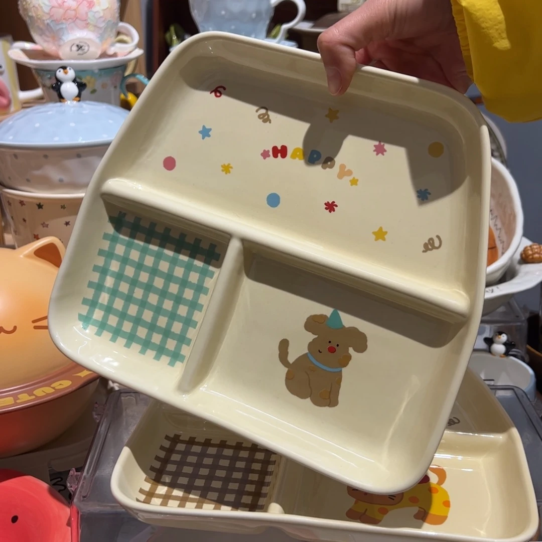 小狗三格分餐盘可爱