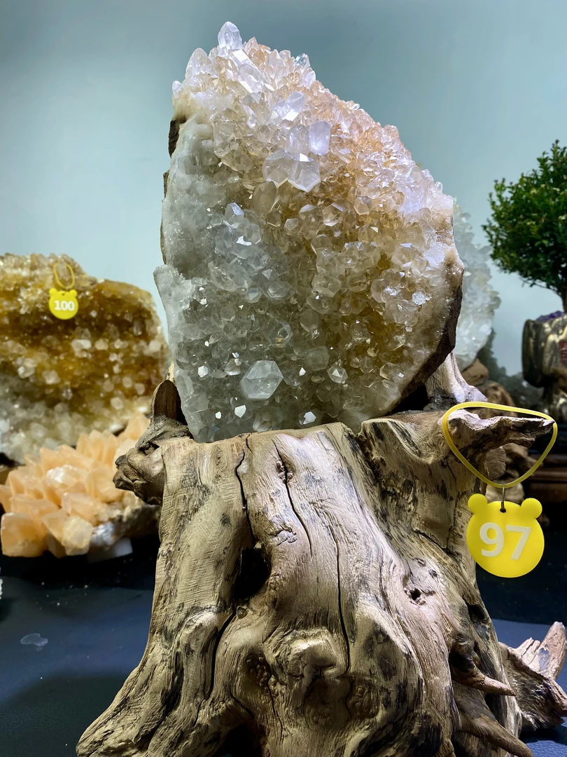 白水晶簇摆件 矿标 白皮透体中式玄关黄色书房摆设桌面造景