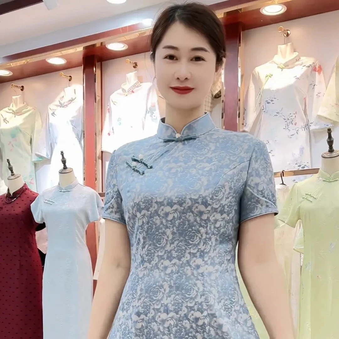 锦汐-2025年新款夏季长款七片大摆裙改良旗袍-蓝烟