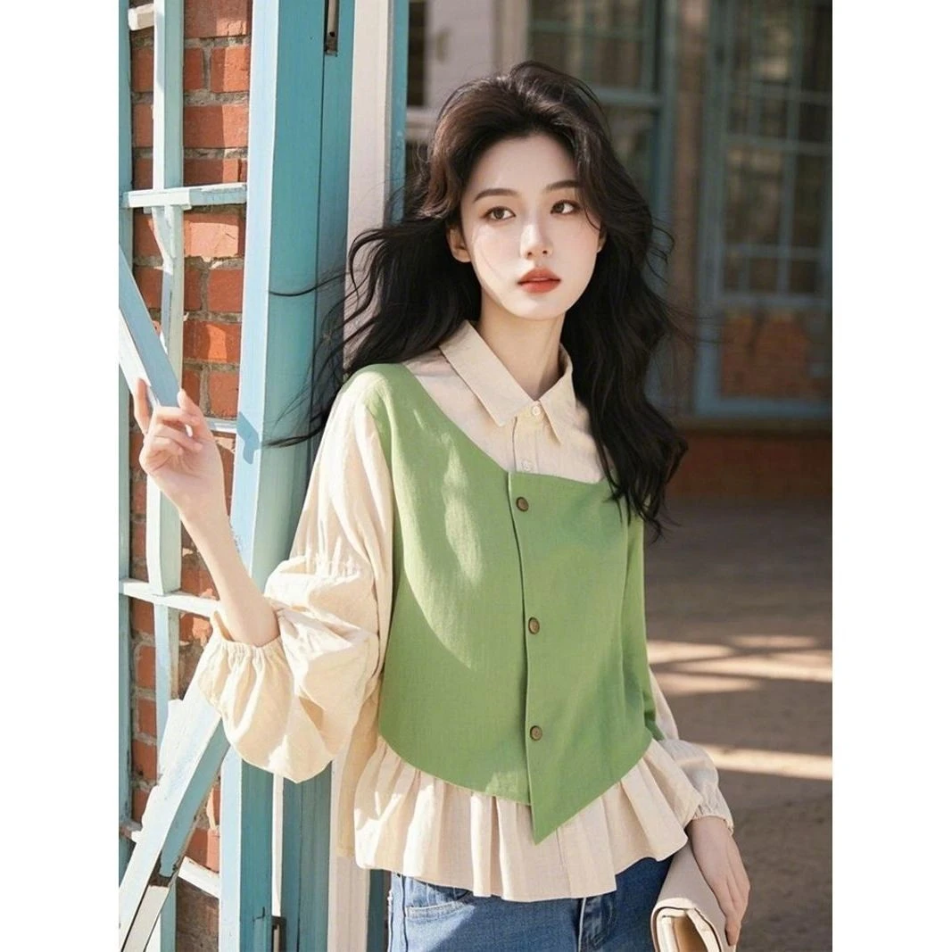 法式牛油果绿假两件衬衫女秋季2025新款拼接泡泡袖衬衣荷叶边上衣