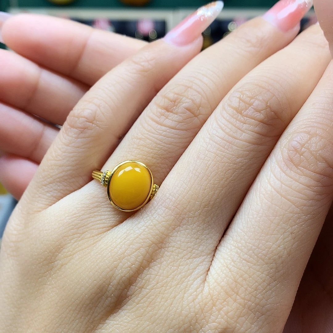 蜜蜡戒指银S925镶嵌戒指