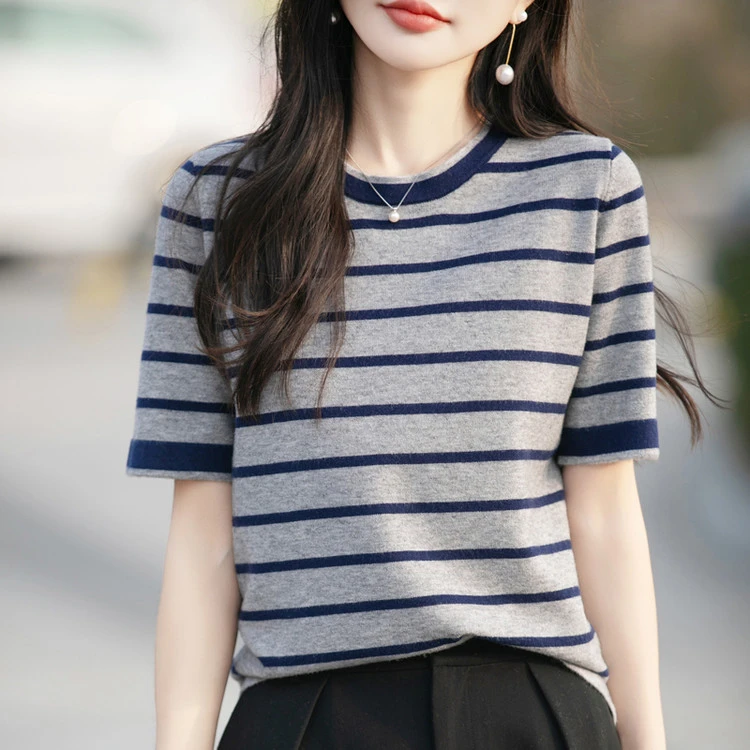 鄂尔多斯市纯100羊毛衫短袖春夏显瘦彩条纹针织亲肤女圆领T恤上衣