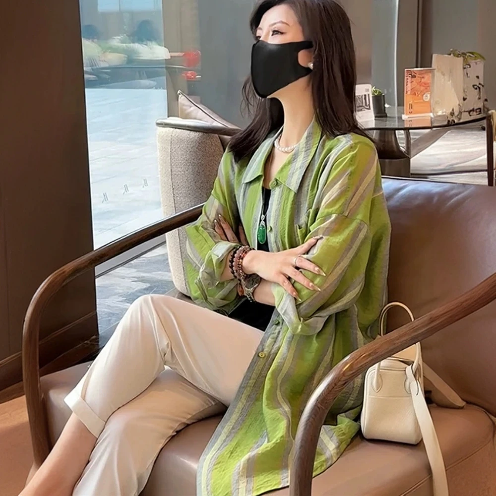 633洋气绿色跳舞长袖衬衫女欧洲站2025春夏新款宽松薄款防晒上衣