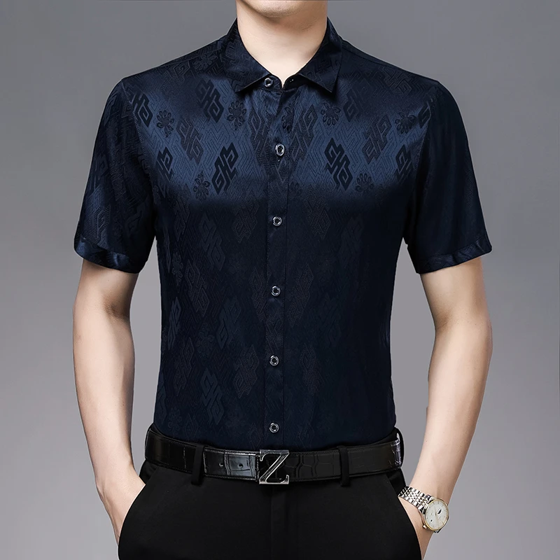 【桑蚕丝】夏季中年男士翻领高档商务透气桑蚕丝衬衫碎花款半袖8868