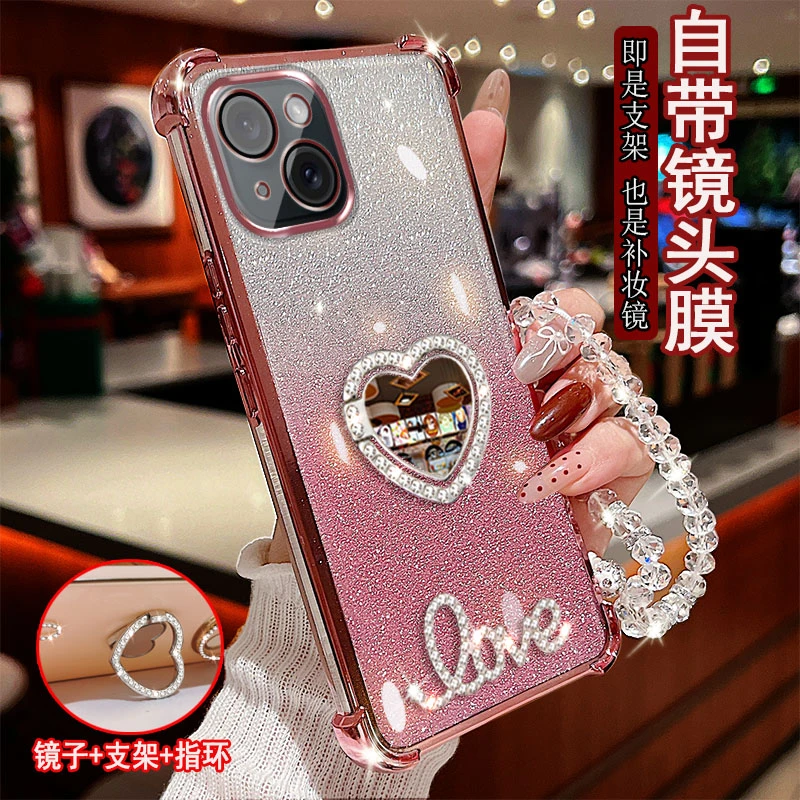 适用于苹果13手机壳气囊镶钻指环支架防摔保护套镜头全包边女款