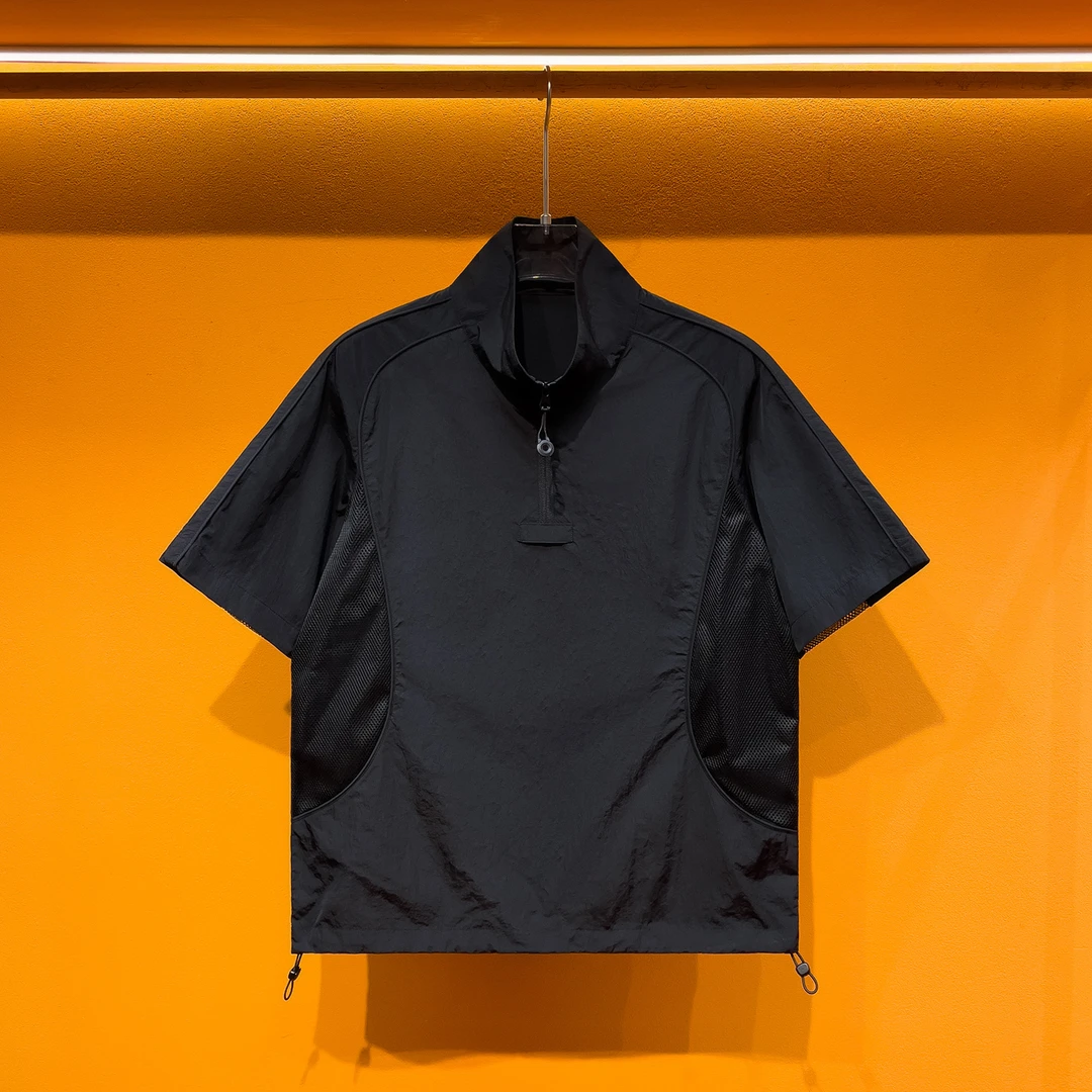 半拉链短袖T恤男士夏季新款立领套头速干宽松拼色半开襟冰丝半袖