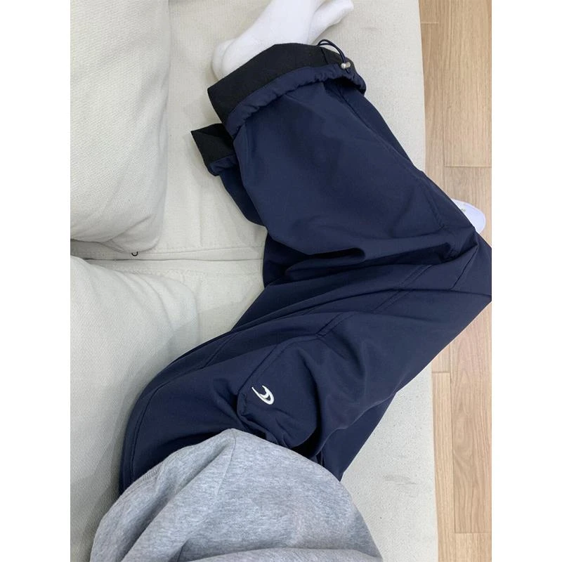 美式复古藏青色加绒冲锋裤冬季裤子设计感高级休闲裤