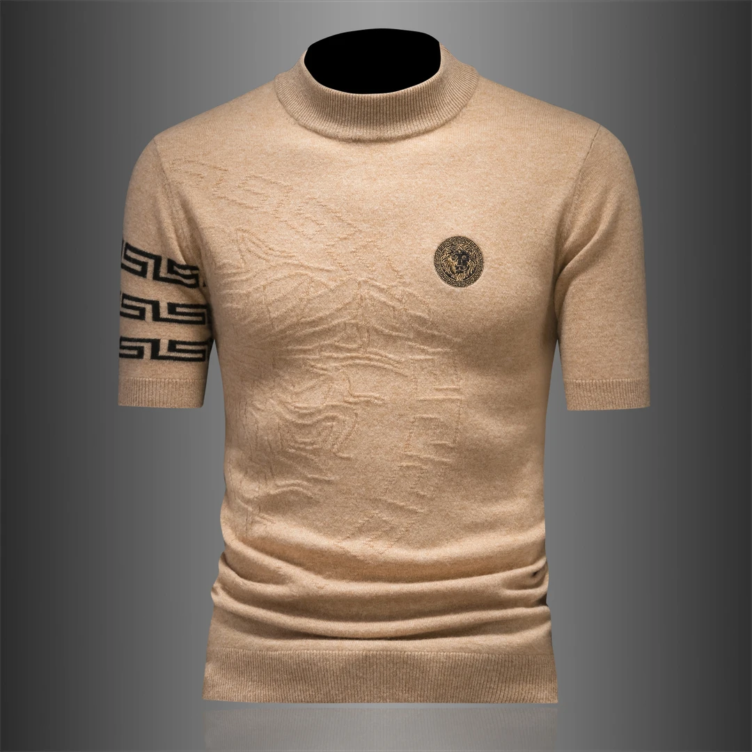 欧洲站欧货圆领修身秋冬新款刺绣提花针织打底短袖羊毛衫休闲保暖