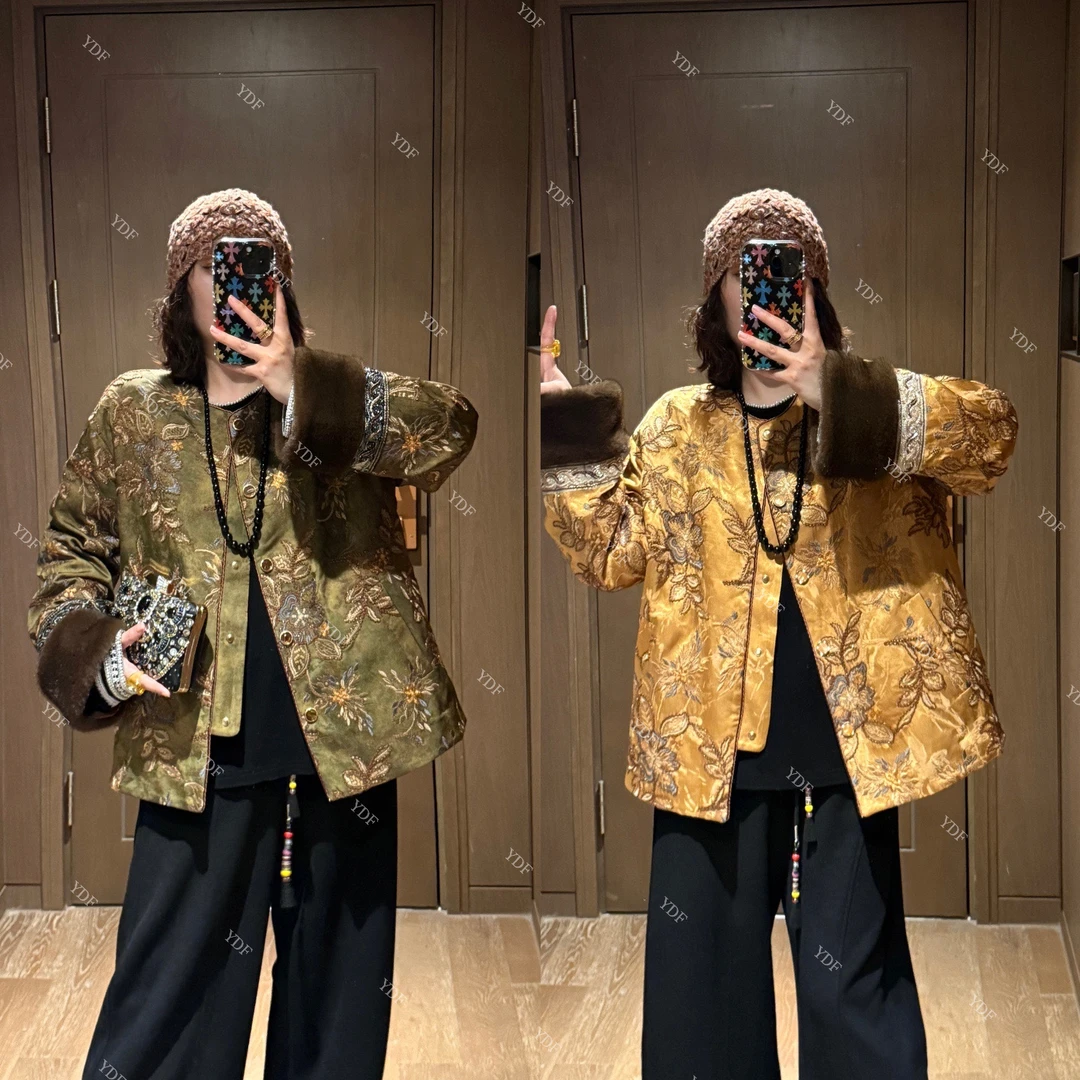 YDFSTUDIO小众【星花怒放】新中式国风刺绣拼接设计时尚羽绒外套