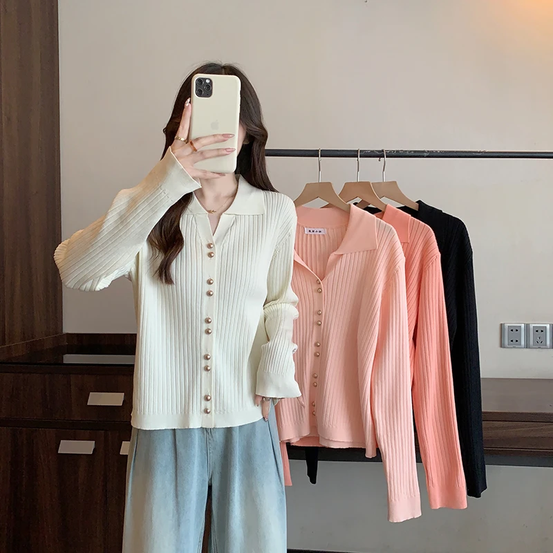 【依依3】2025春季新款洋气遮肉显瘦宽松翻领长袖针织开衫女