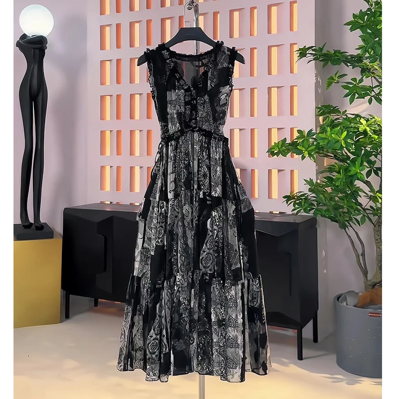 2025新款现货夏季花色原创时尚潮流百搭休闲无袖女士吊带连衣裙