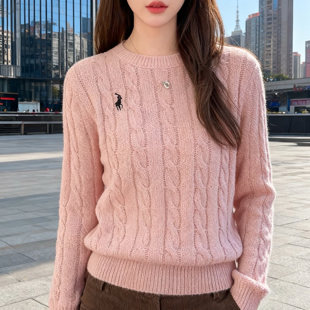 时尚休闲百搭粉色长袖针织衫女2025新款秋冬慵懒减龄显白套头毛衣