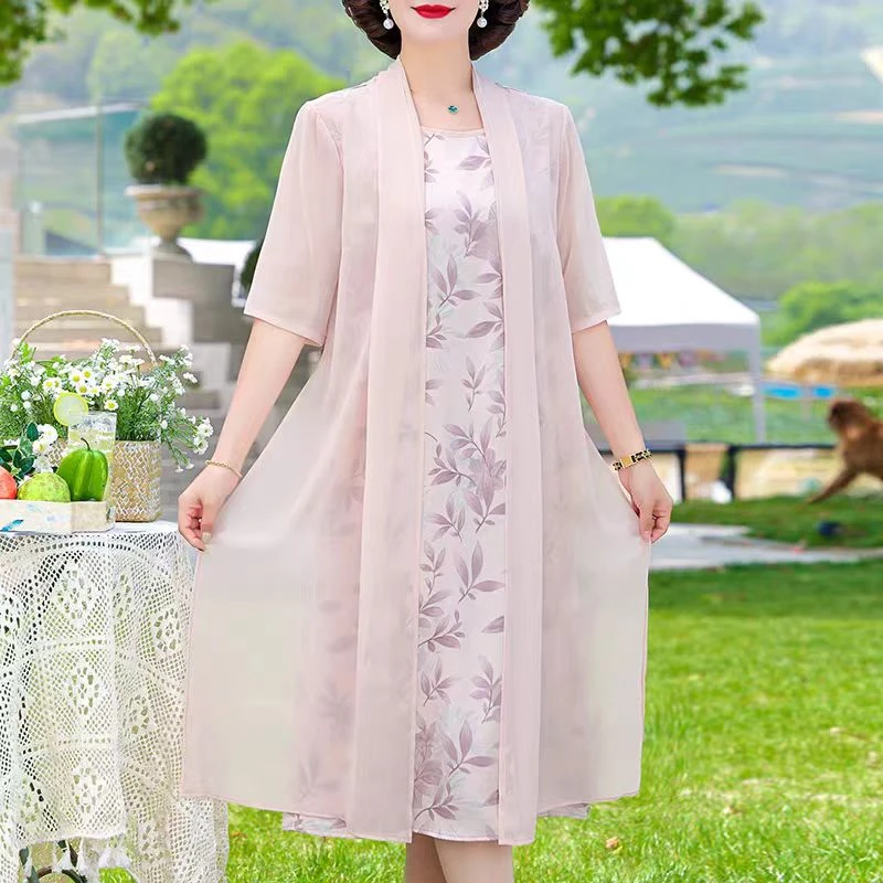 9853-夏季新款中长款假二件中袖气质妈妈装连衣裙（A20-1-3）