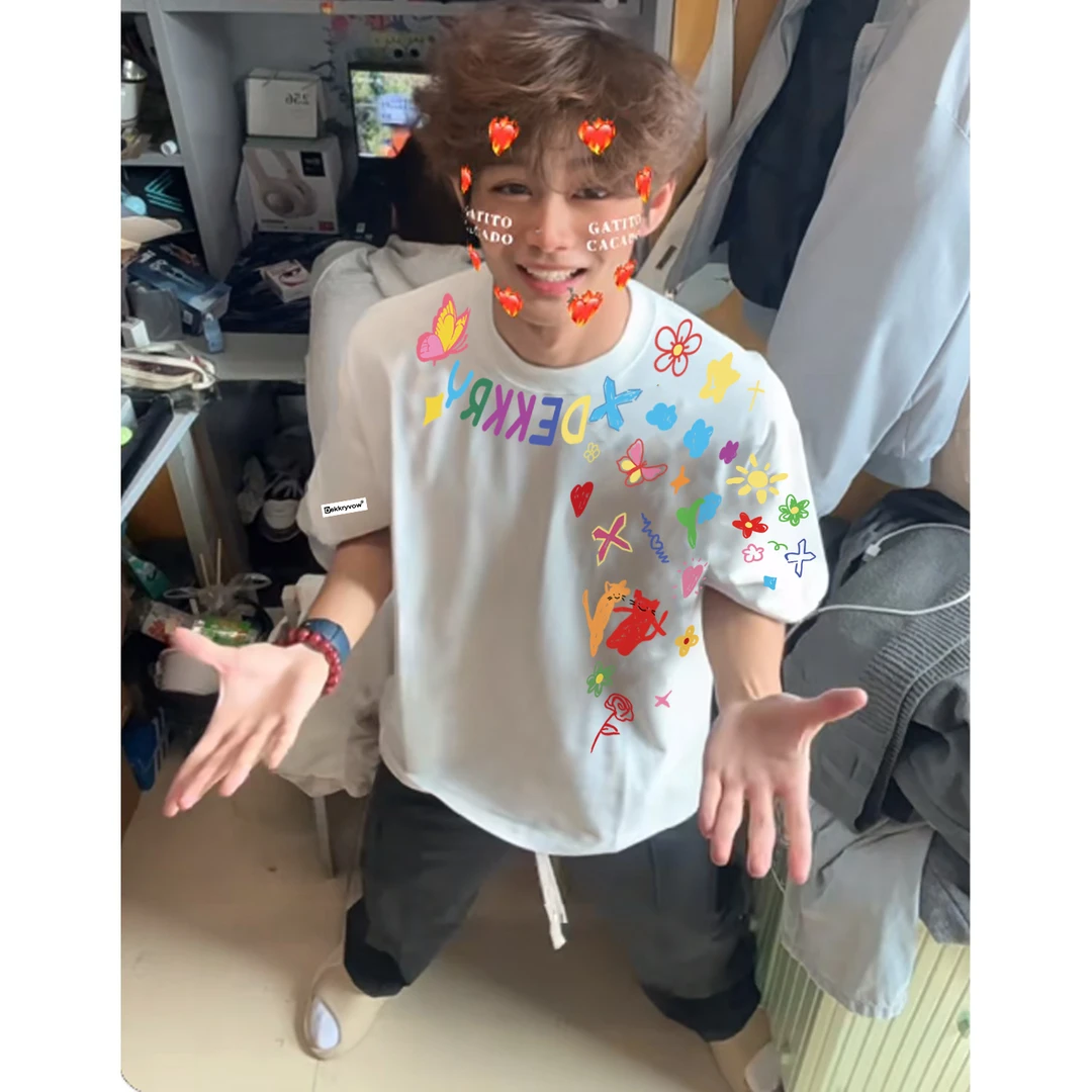 100%纯棉2025夏季宽松上衣韩版设计感涂鸦美式印花短袖女短袖t恤