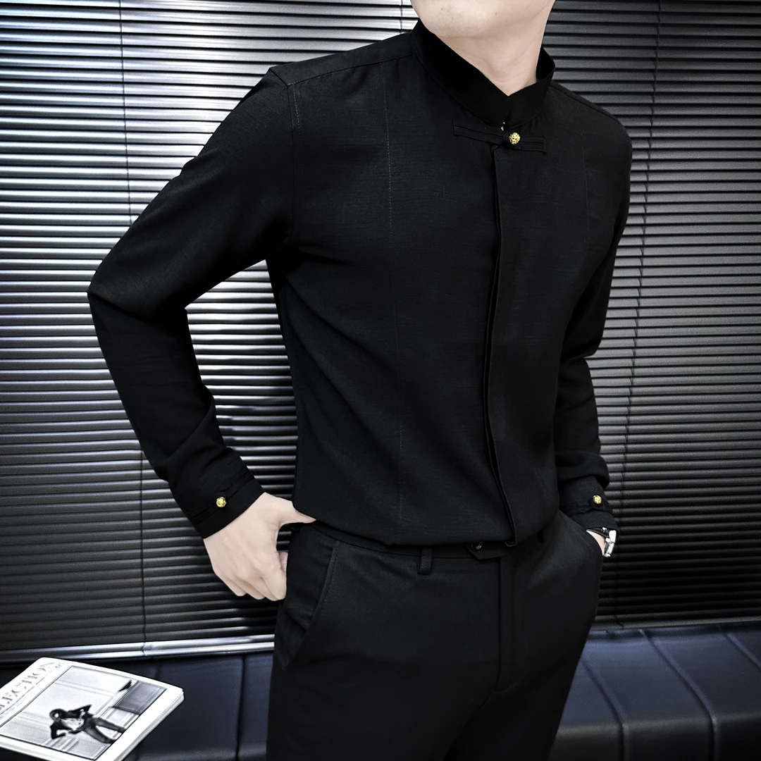 新中式盘扣衬衣男款长袖2025新款爆款秋季休闲立领中国风男士衬衫