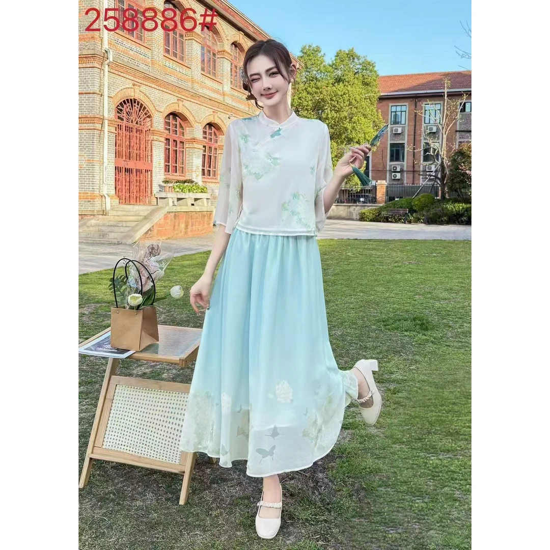 新中式国风套装夏季改良汉服印花上衣两件套仙气复古文艺HJ-1755