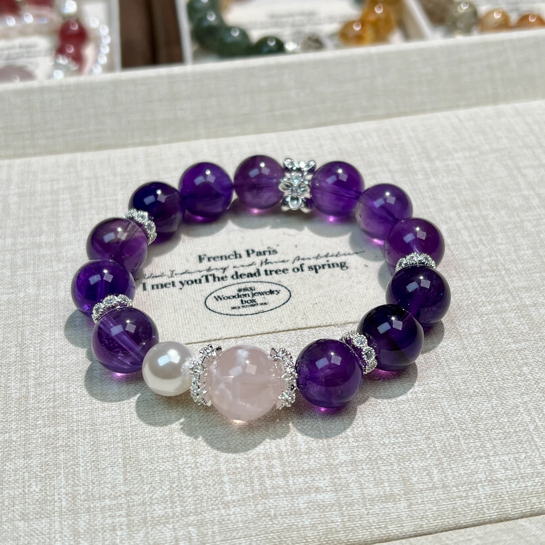 【紫晶雪韵】粉雪花幽灵水晶乌拉圭紫水晶手串