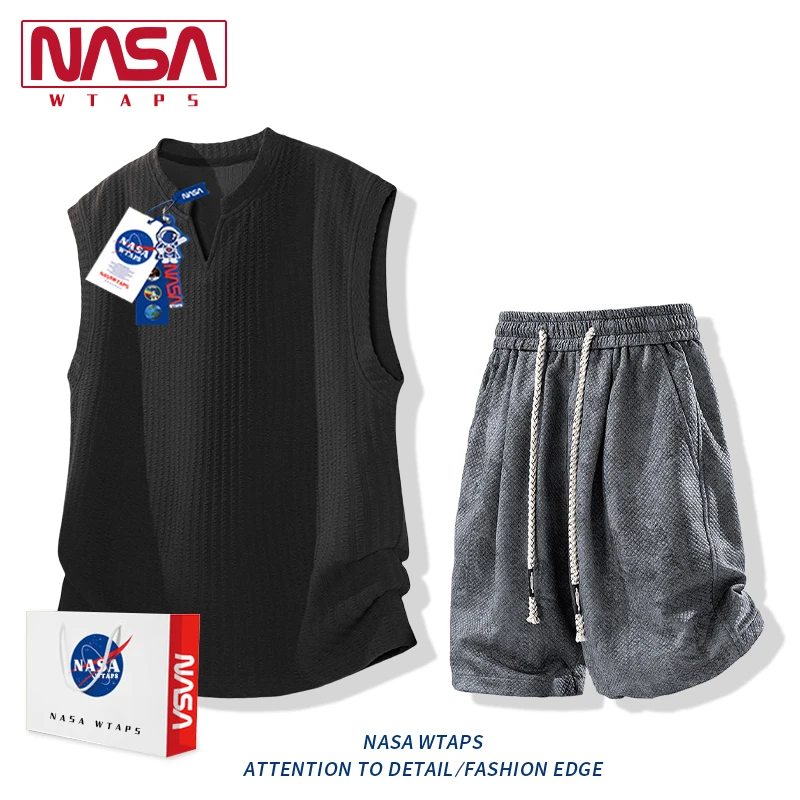 NASA WTAPS肌理感V领无袖背心男夏季薄款休闲坎肩扎染短裤两件套