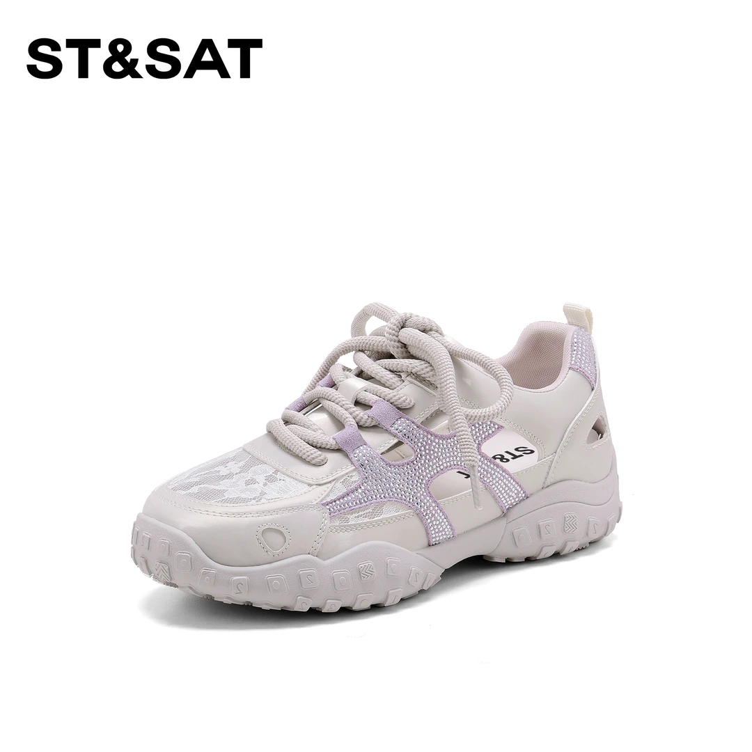 St&Sat/星期六2025新款厚底拼色透气网面女款运动阿甘鞋时尚百搭