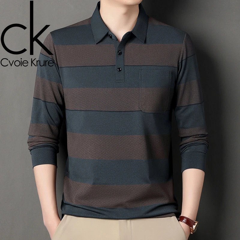 CvoieKrure中老年长袖T恤男装条纹宽松中年男士翻领polo打底衫