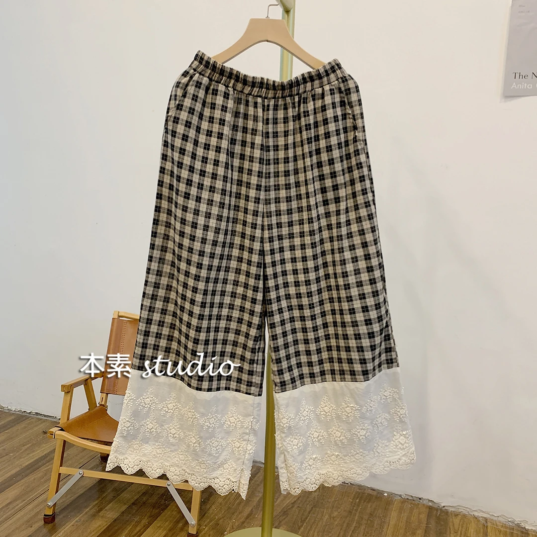 C3289格纹蕾丝拼接松紧腰宽松阔腿裤