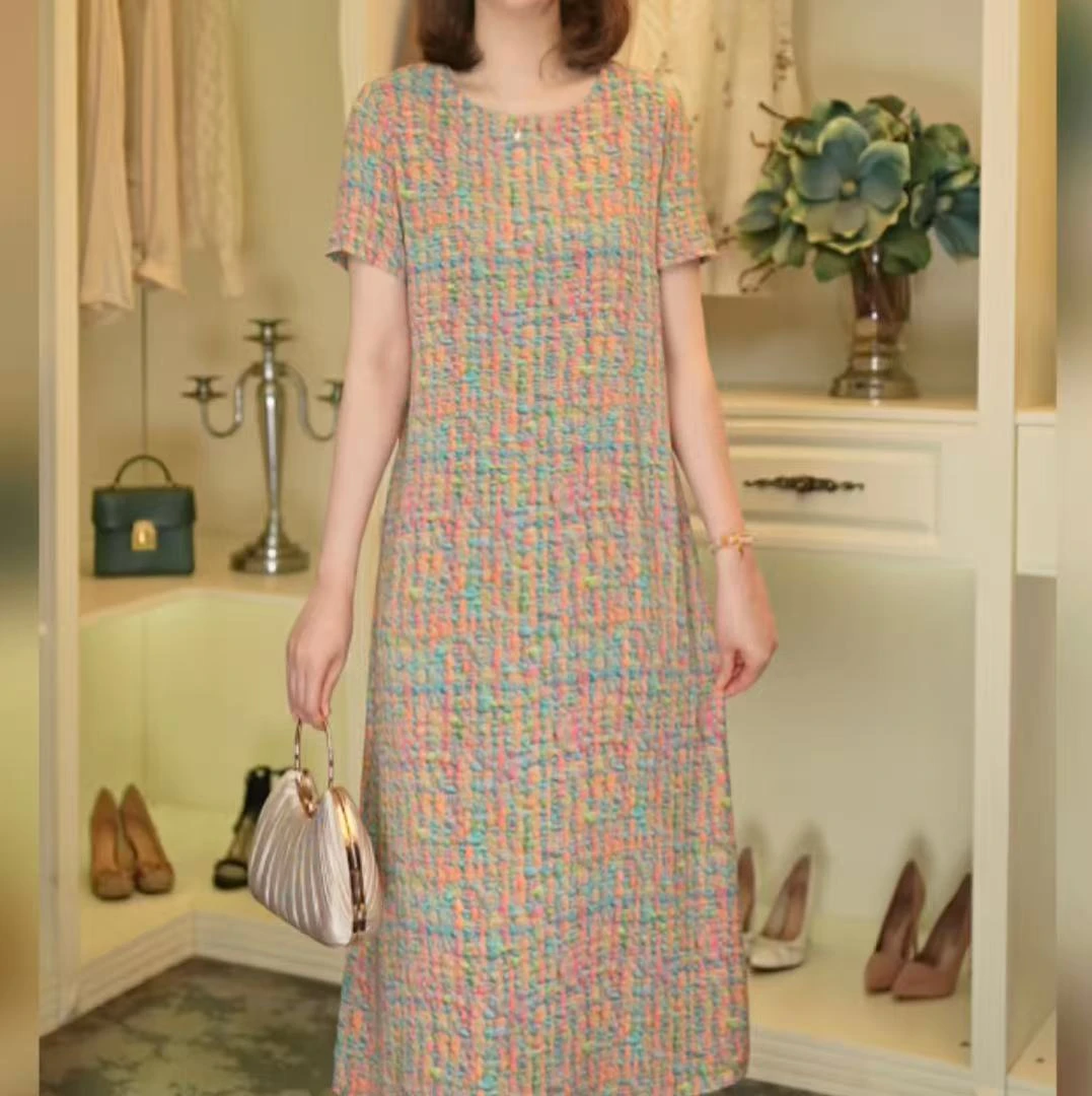 【奢洋】夏季新款时尚气质宽松大码妈妈装连衣裙（彩虹糖）