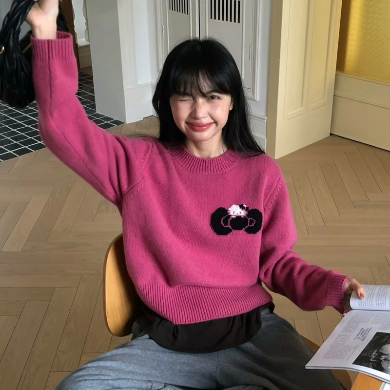 猫咪蝴蝶结提花套头圆领毛衣女2025秋冬新款减龄慵懒风针织衫上衣