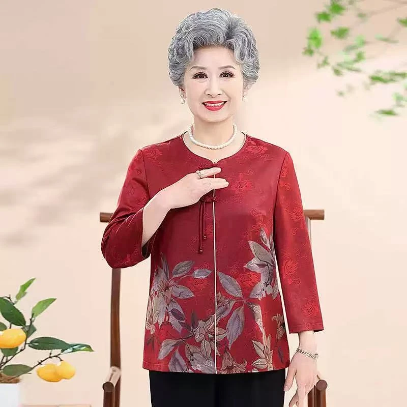 30088-1【绽放百合】中老年女装春秋季休闲中式薄款七分袖衬衫