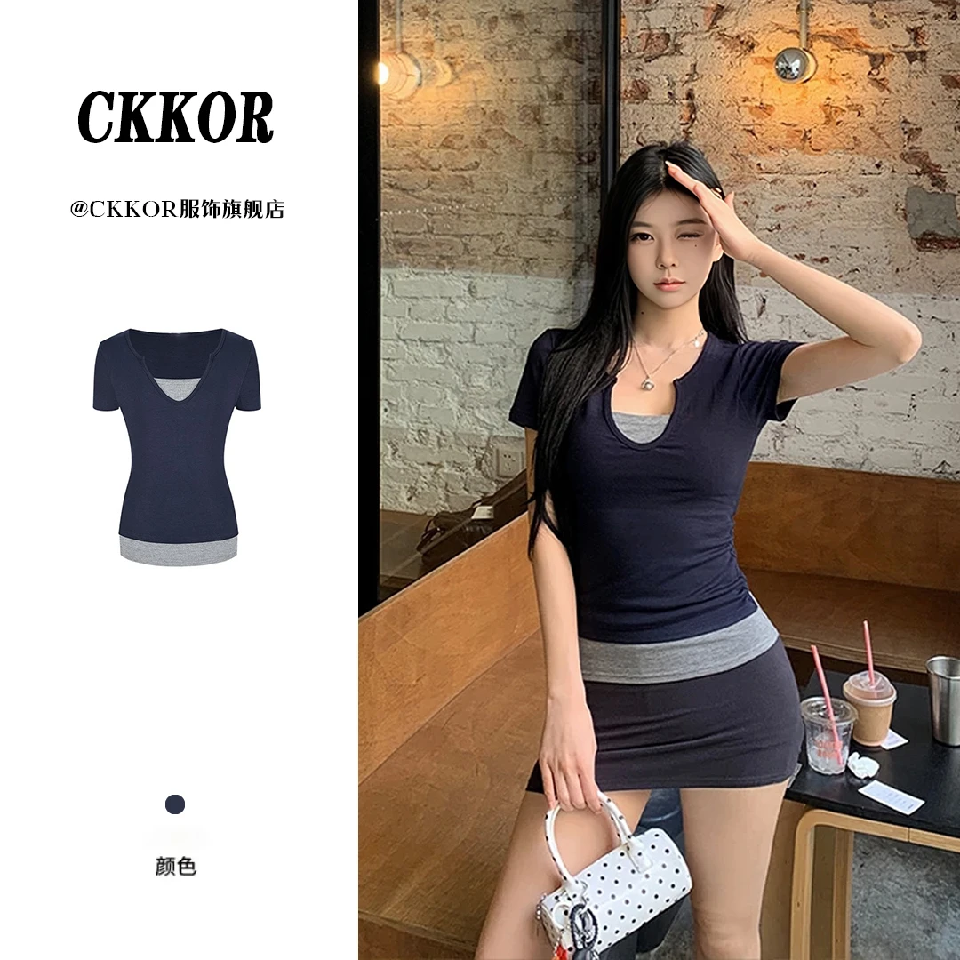 CKKOR韩版设计感收腰假两件短袖上衣夏季新款辣妹纯欲修身显瘦t恤