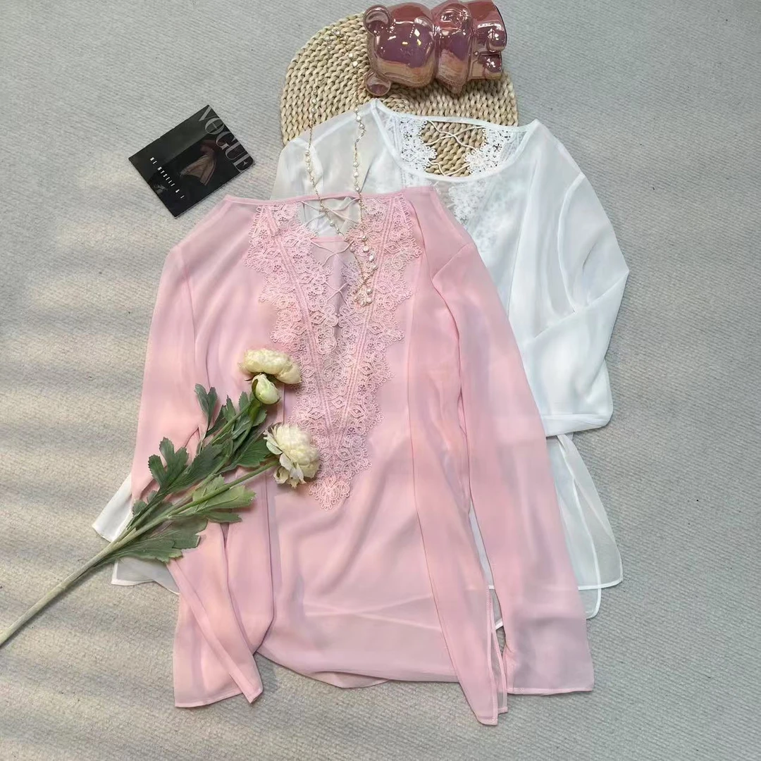 Mozch 乔其纱轻盈超薄后背镂空蕾丝绣花防晒罩衫T恤Z100【长61】