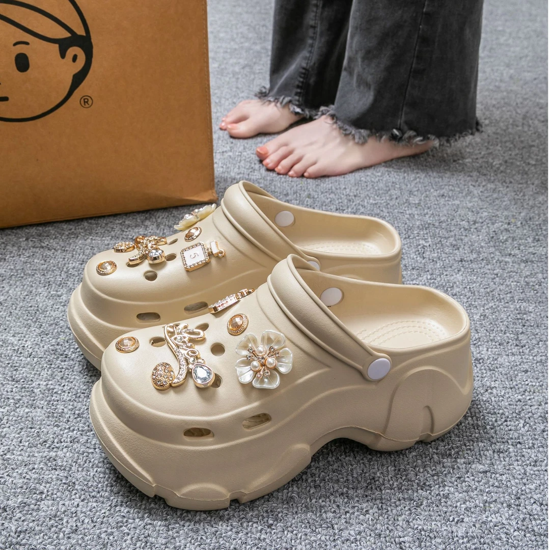 7cm厚底小香风洞洞鞋水钻厚加厚软底外穿洞洞鞋女eva百搭女款