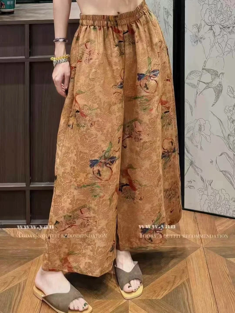 新中式真丝香云纱印花阔腿裤休闲时尚百搭宽松显瘦九分裤女
