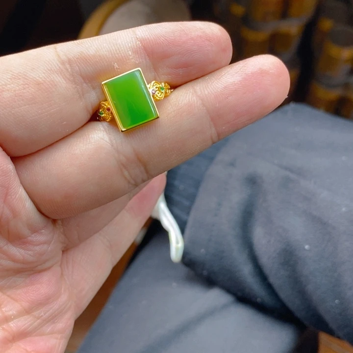 和田玉（碧玉）戒指银S925镀金镶嵌