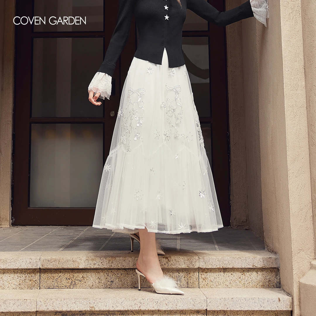 【哥文花园】白色网纱a字半身裙CSA1071190