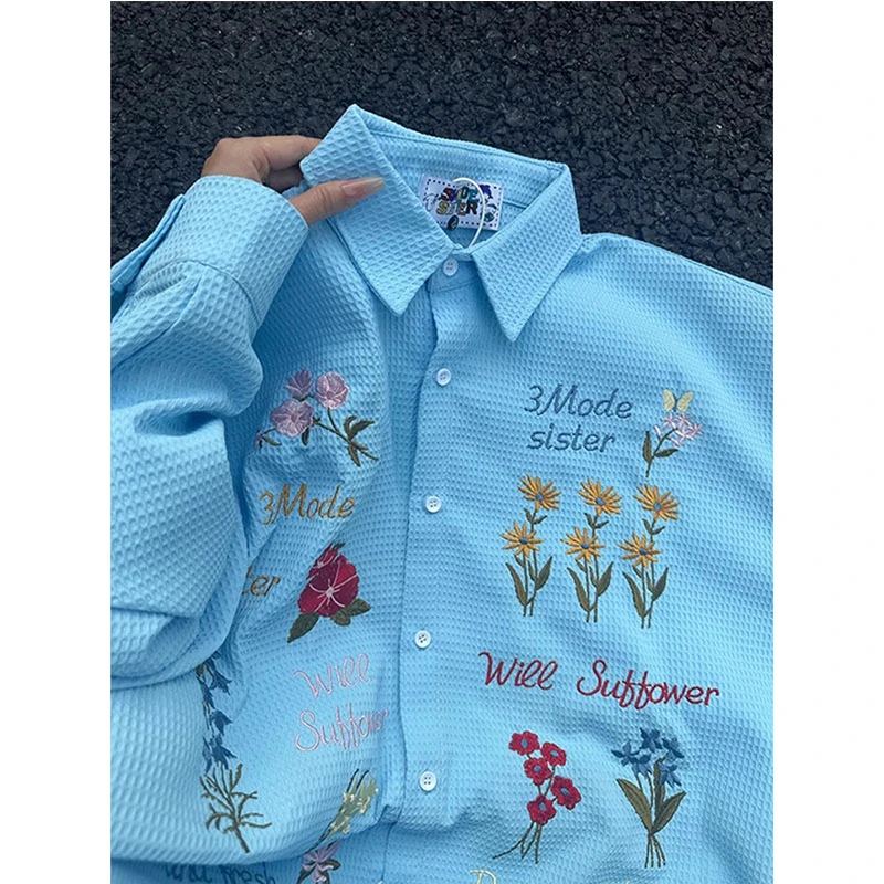 天蓝色花卉刺绣短袖衬衫男款夏季多巴胺穿搭衬衣欧若风情侣装外套