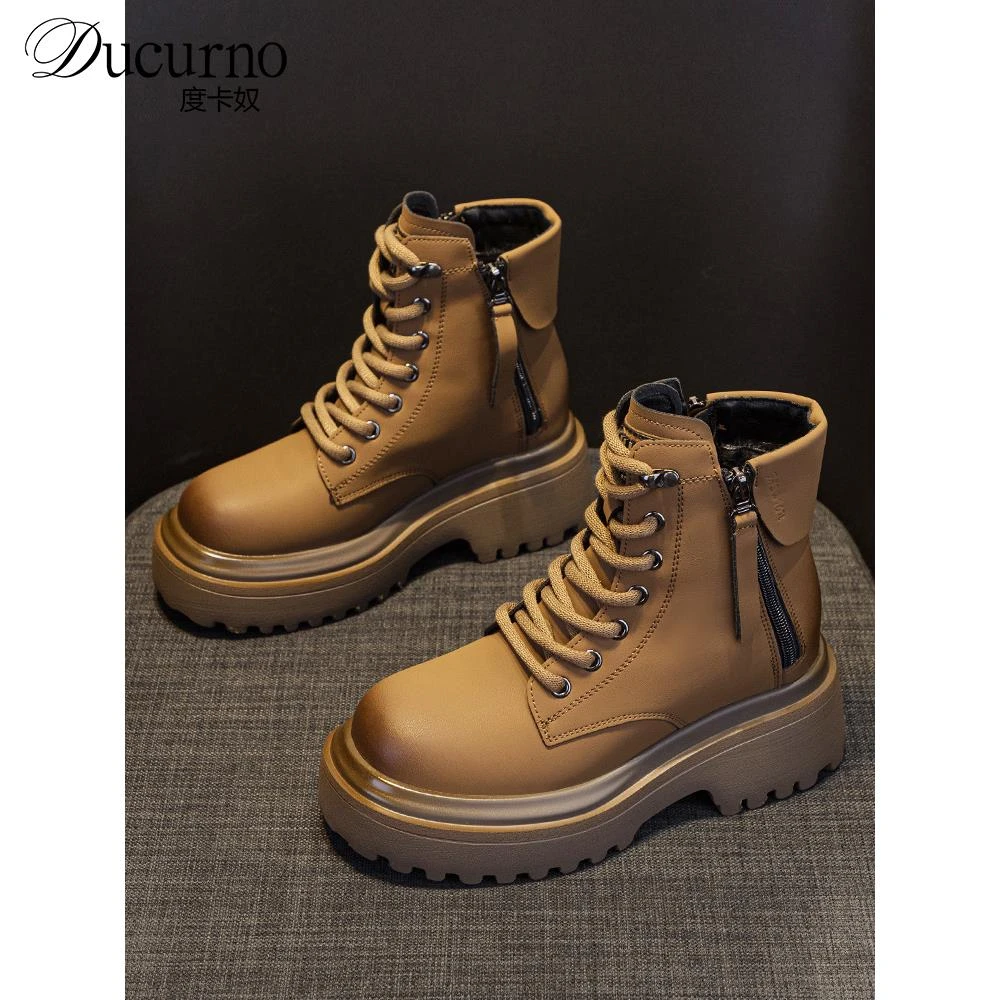 DUCURNO真皮厚底内增高马丁靴女英伦风工装机车靴加绒短靴大黄靴