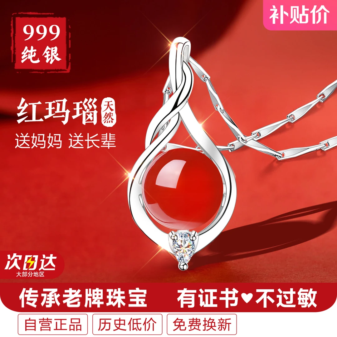 999纯银项链女款女999足银女士妈妈款红玛瑙吊坠送妈妈轻奢高级感