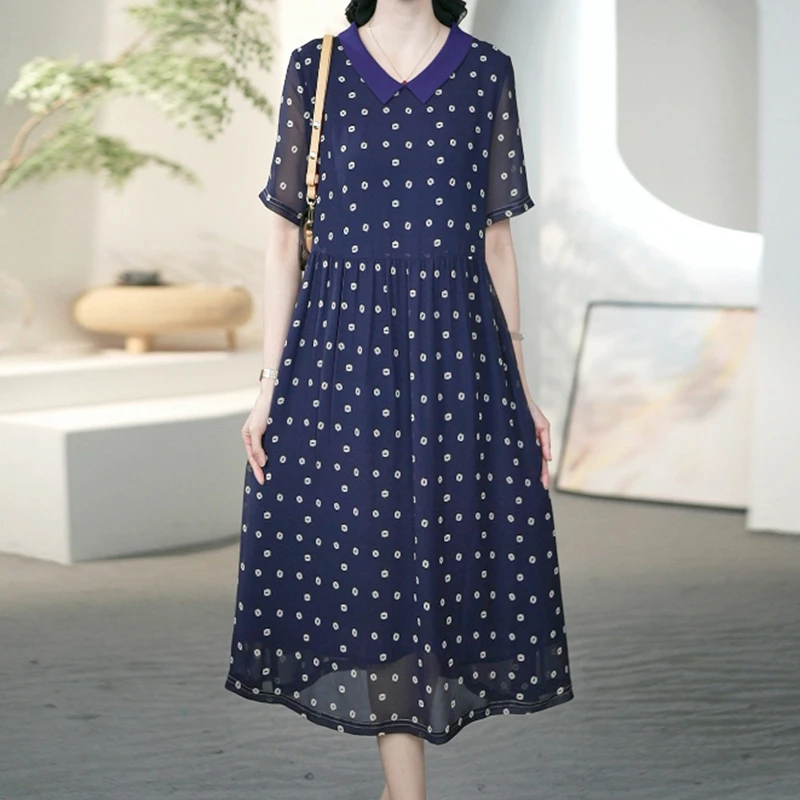 A31931阿吉多娃娃领减龄连衣裙女2025新款时尚宽松五分袖大码裙子