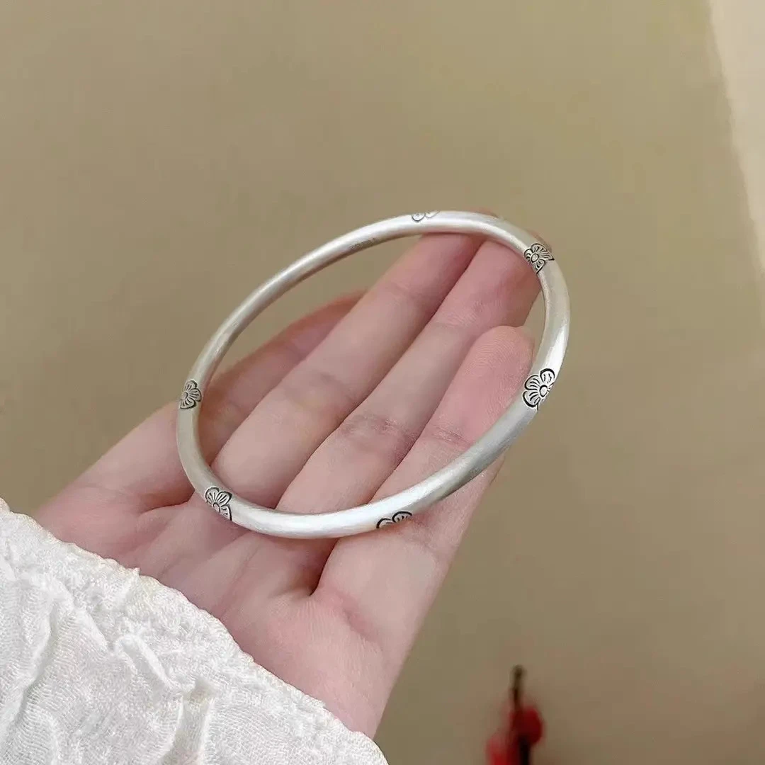 梅花足银999银手镯实心闭口古法磨砂银镯子七夕节送女友