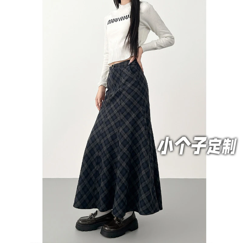150小矮个子复古格子半身裙女冬季高腰中长款格纹包臀裙a字鱼尾裙