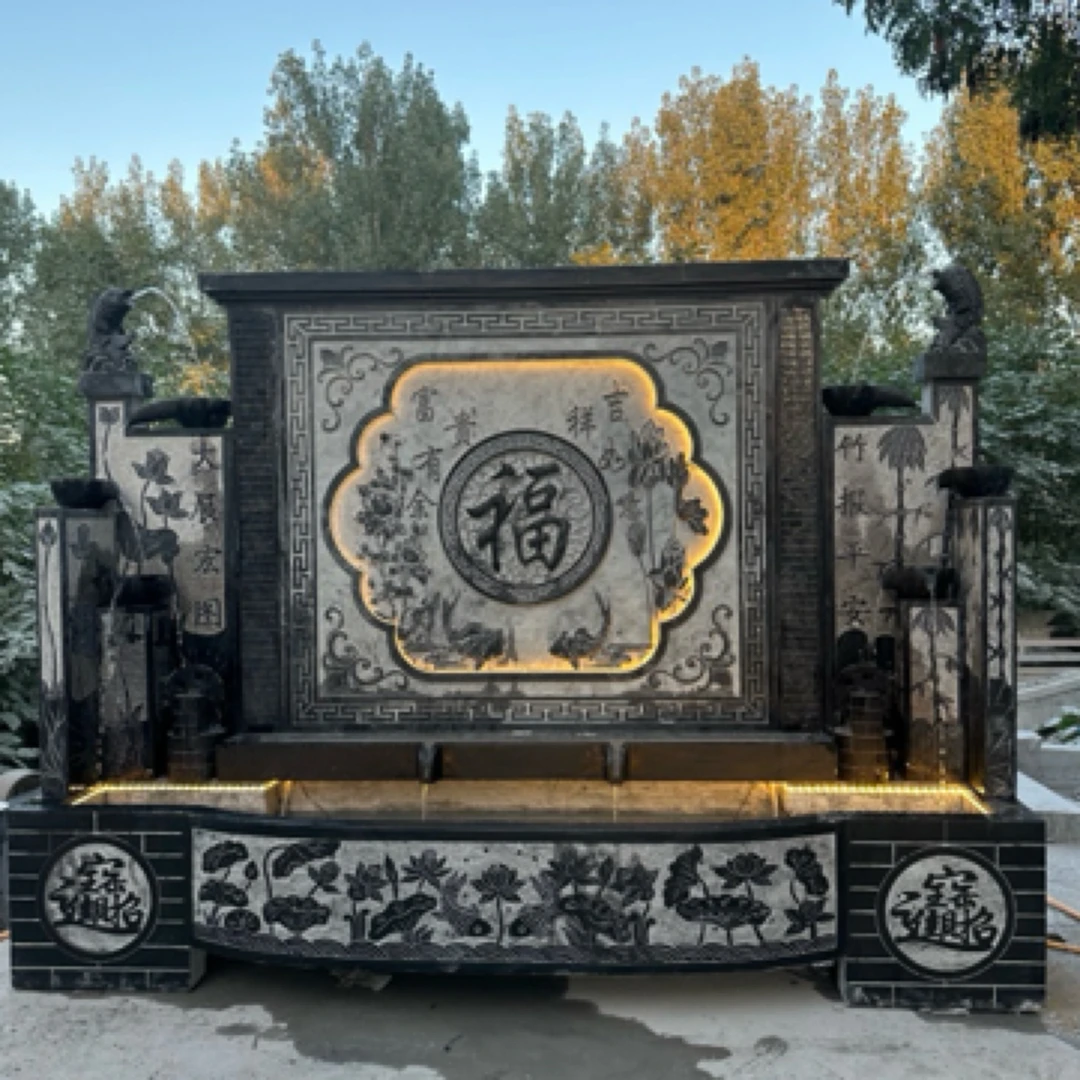 庭院石雕水幕墙水景青石影壁墙流水摆件石头石缸流水鱼池假山水系