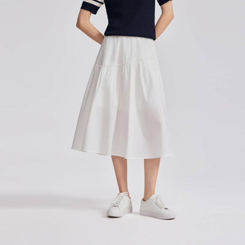 POLOWALK半裙女式2025春夏新品百褶中长裙休闲通勤百搭宽松韩版潮