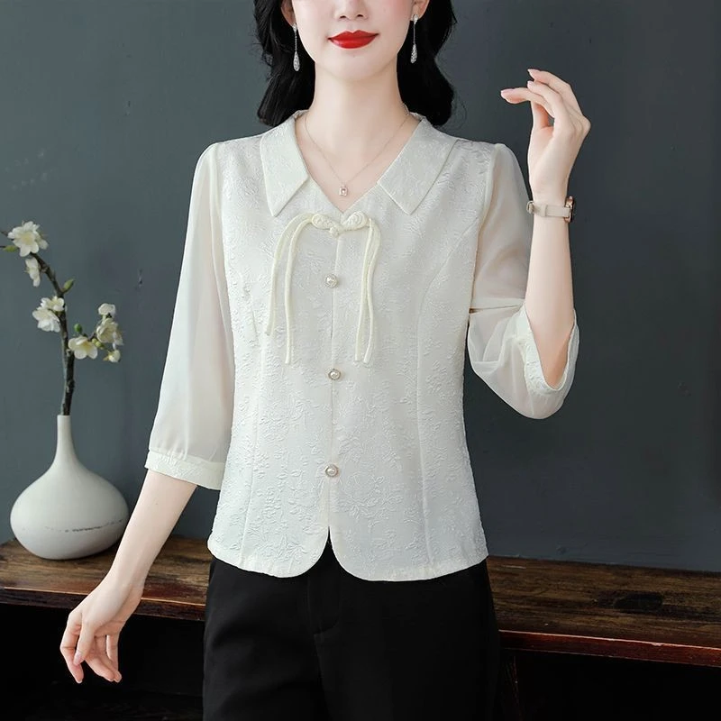 中式提花衬衫女七分袖2025春秋新款别致雪纺洋气盘扣小衫遮肚上衣
