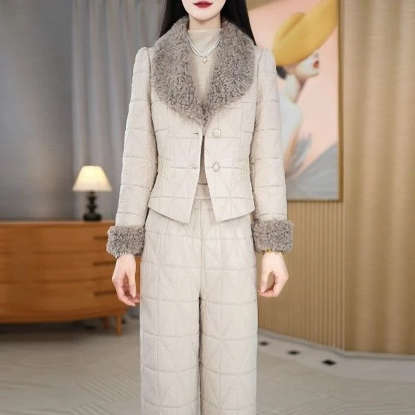 精纺蓄热棉两件套2025秋季新款女装时尚气质显瘦上衣裤子轻奢套装