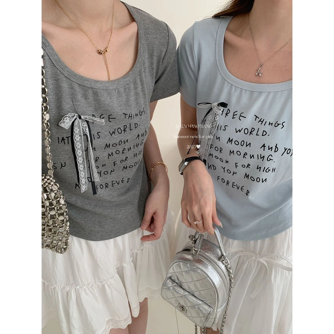 2025夏季新款U领短袖T恤女字母印花蕾丝装饰修身上衣7676#0.1 qq