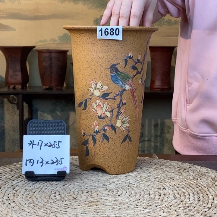 花盆紫砂  柴烧玉兰彩绘高直筒1680