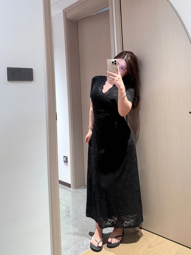 【一茹】微胖mm 纯欲风气质V领蕾丝连衣裙夏季掐腰显瘦收腰A字裙