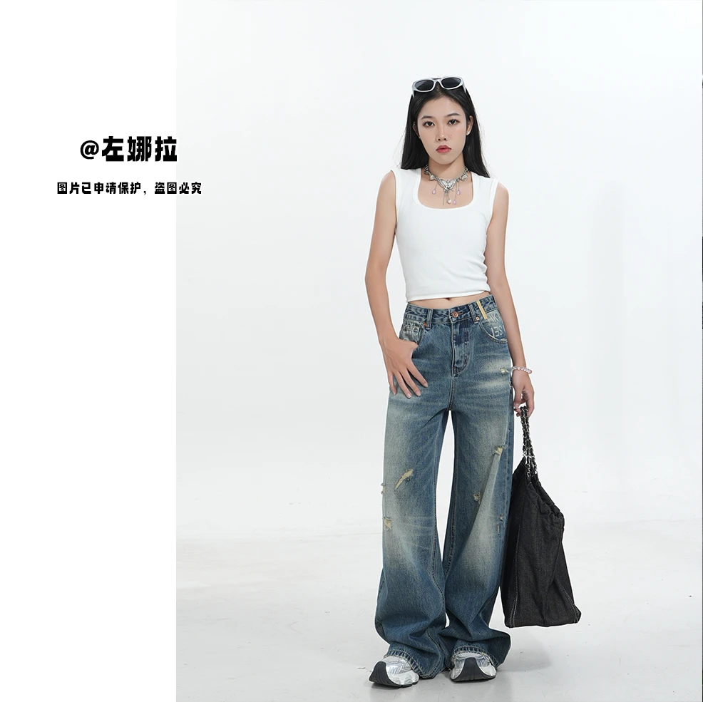 【CPO3196】早秋季新款宽松中高腰显瘦宽松阔腿直筒牛仔裤