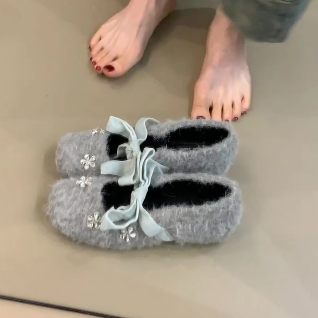 内增高灰色玛丽珍毛毛鞋女鞋子2025秋冬季加绒水钻单鞋温柔晚晚鞋